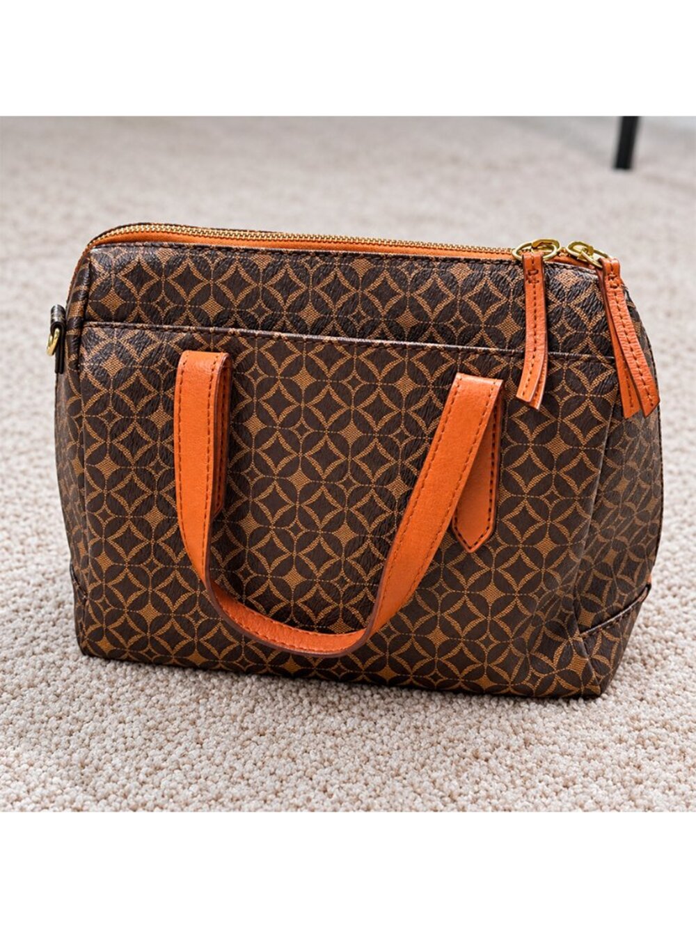Fossil Brown Monogram Logo Canvas Satchel Purse Leather Trim Handles